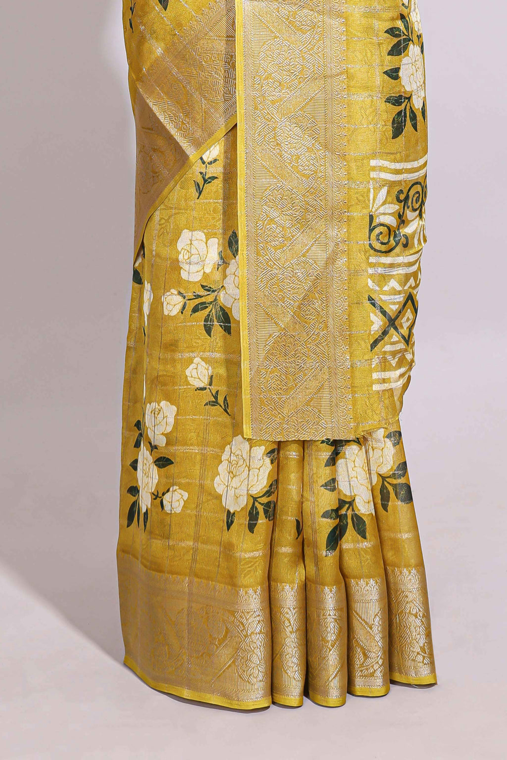 Yellow checked floral design marsh mellow saree with self zari border and matching blouse