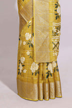 Yellow checked floral design marsh mellow saree with self zari border and matching blouse