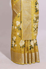 Yellow checked floral design marsh mellow saree with self zari border and matching blouse