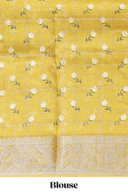 Yellow checked floral design marsh mellow saree with self zari border and matching blouse