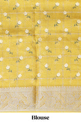 Yellow checked floral design marsh mellow saree with self zari border and matching blouse