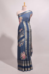 Blue striped floral design marsh mellow saree with self zari border and matching printed blouse