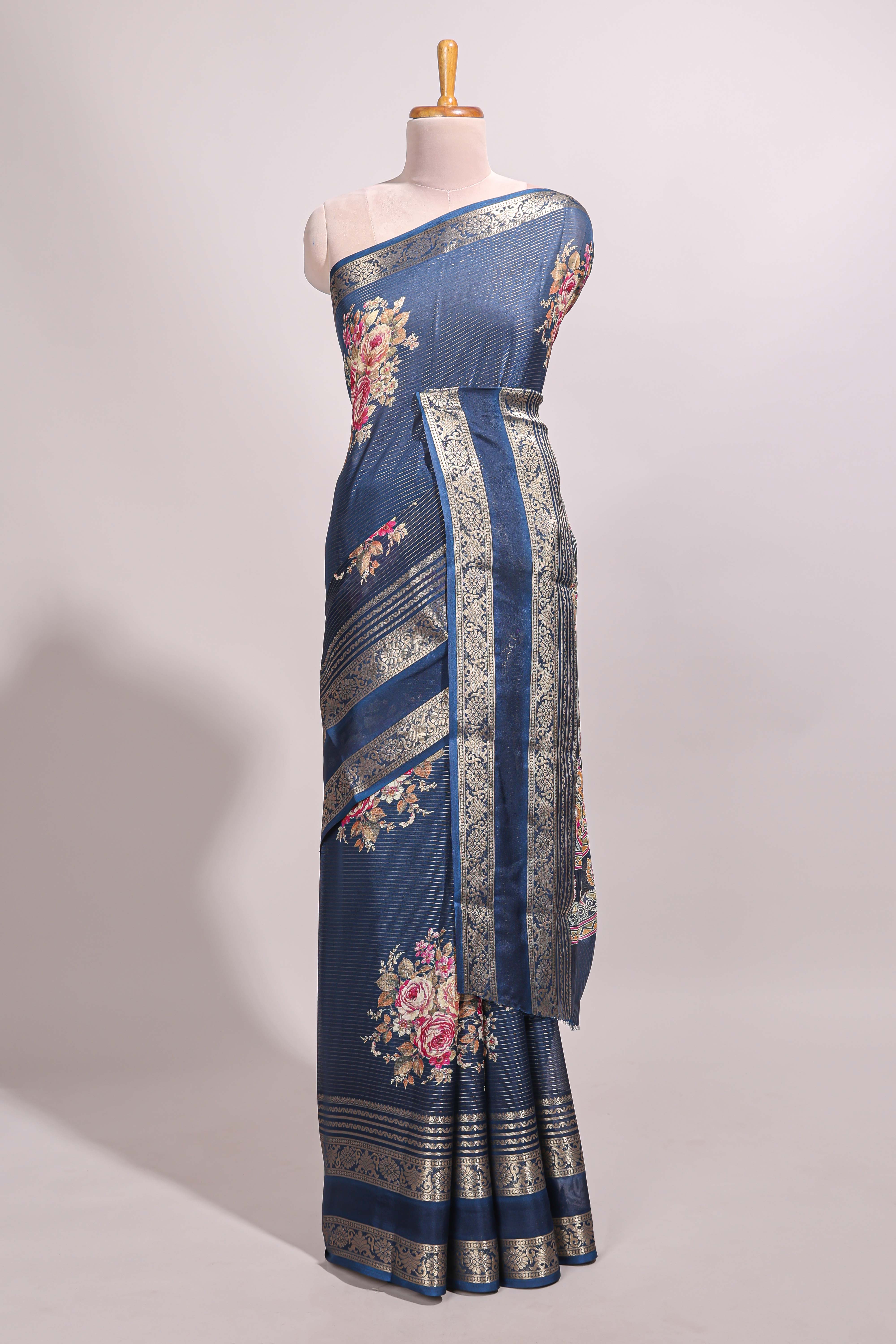 Blue striped floral design marsh mellow saree with self zari border and matching printed blouse