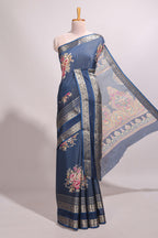 Blue striped floral design marsh mellow saree with self zari border and matching printed blouse
