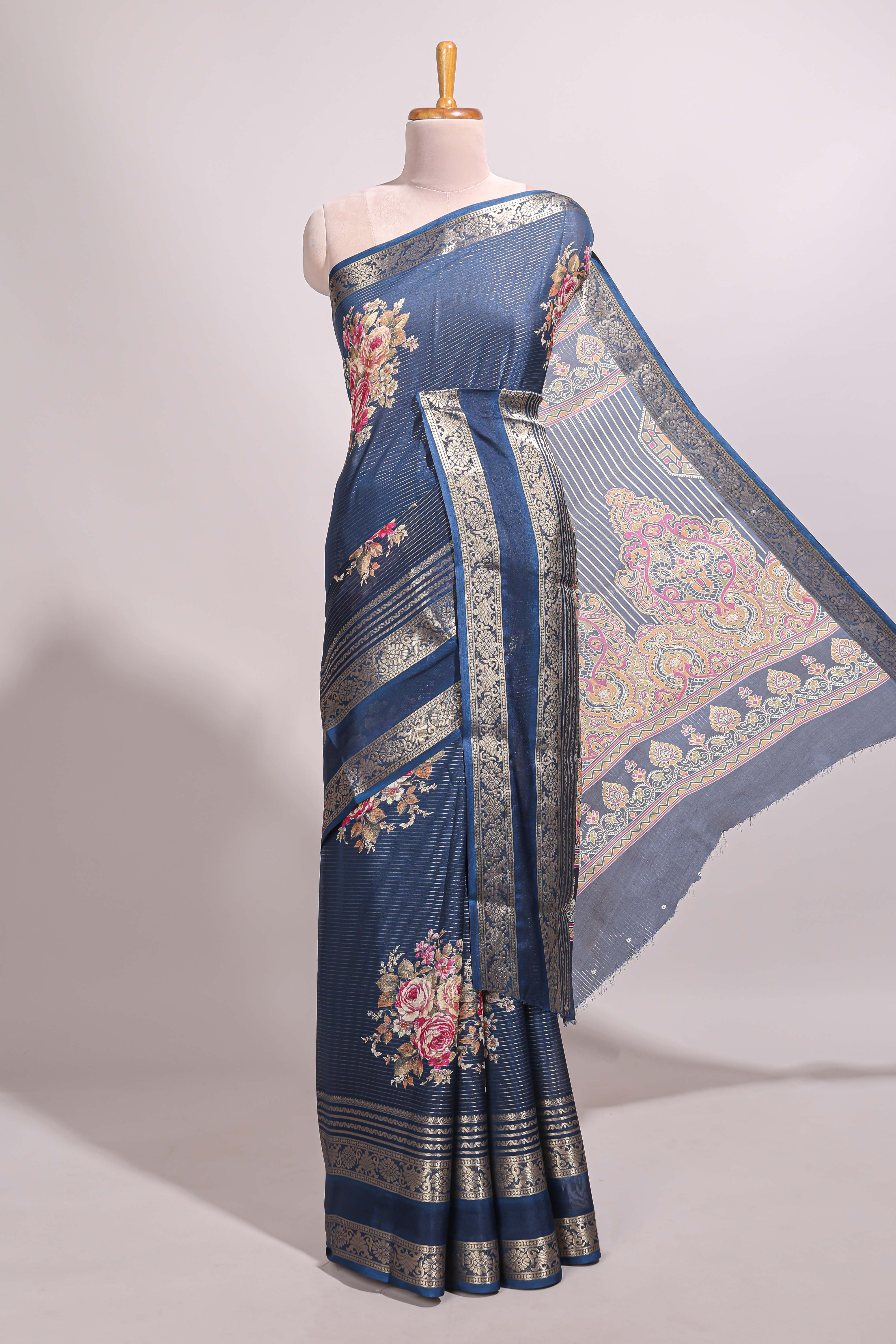 Blue striped floral design marsh mellow saree with self zari border and matching printed blouse