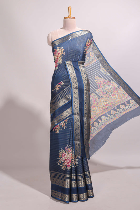 Blue striped floral design marsh mellow saree with self zari border and matching printed blouse