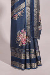 Blue striped floral design marsh mellow saree with self zari border and matching printed blouse