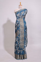 Blue checked floral design marsh mellow saree with self zari border and matching blouse