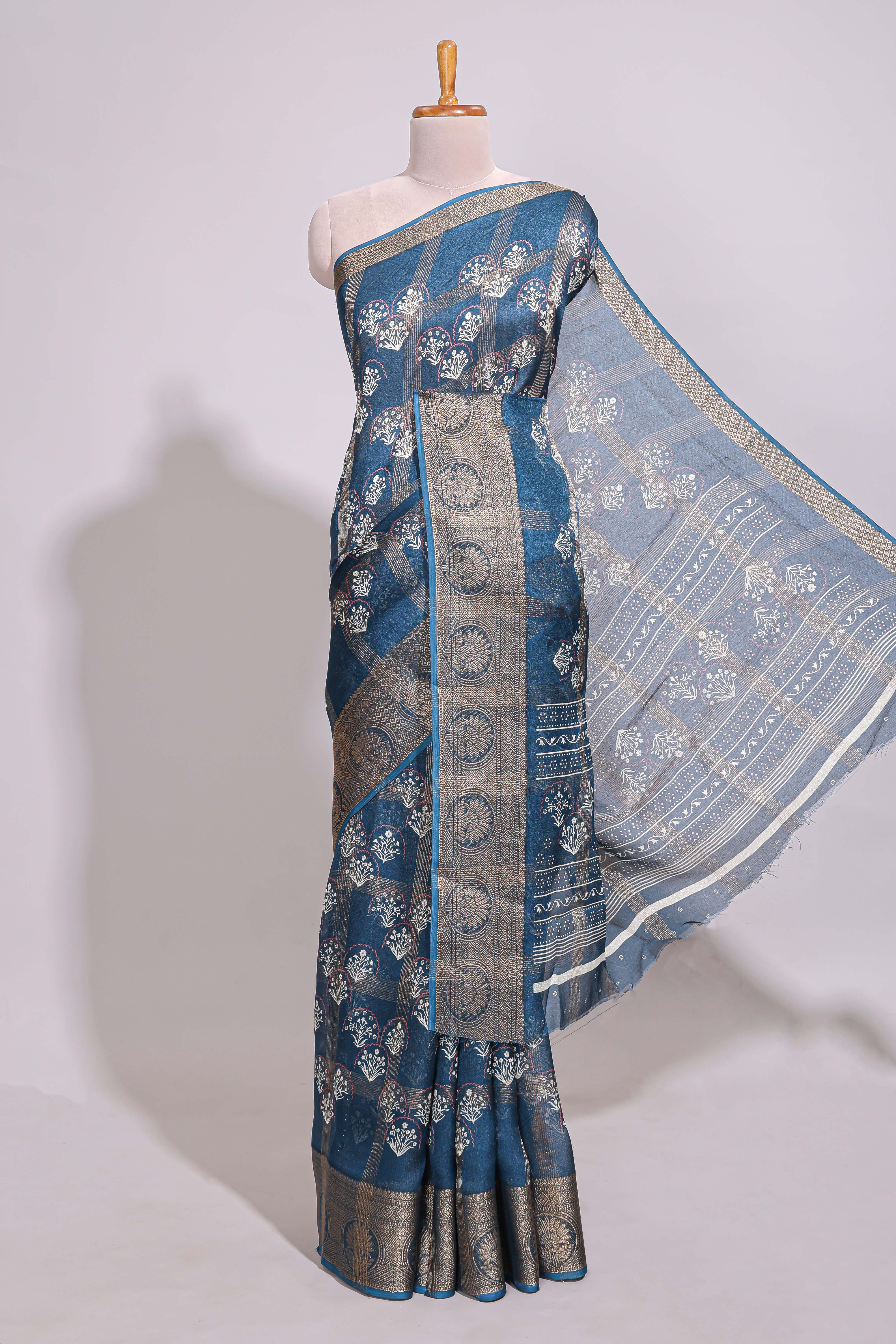 Blue checked floral design marsh mellow saree with self zari border and matching blouse