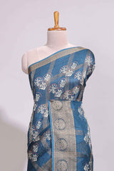 Blue checked floral design marsh mellow saree with self zari border and matching blouse
