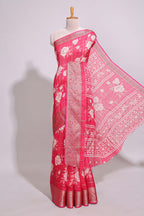 Pink checked floral design marsh mellow saree with self zari border and matching blouse