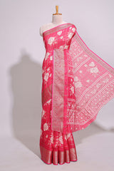 Pink checked floral design marsh mellow saree with self zari border and matching blouse