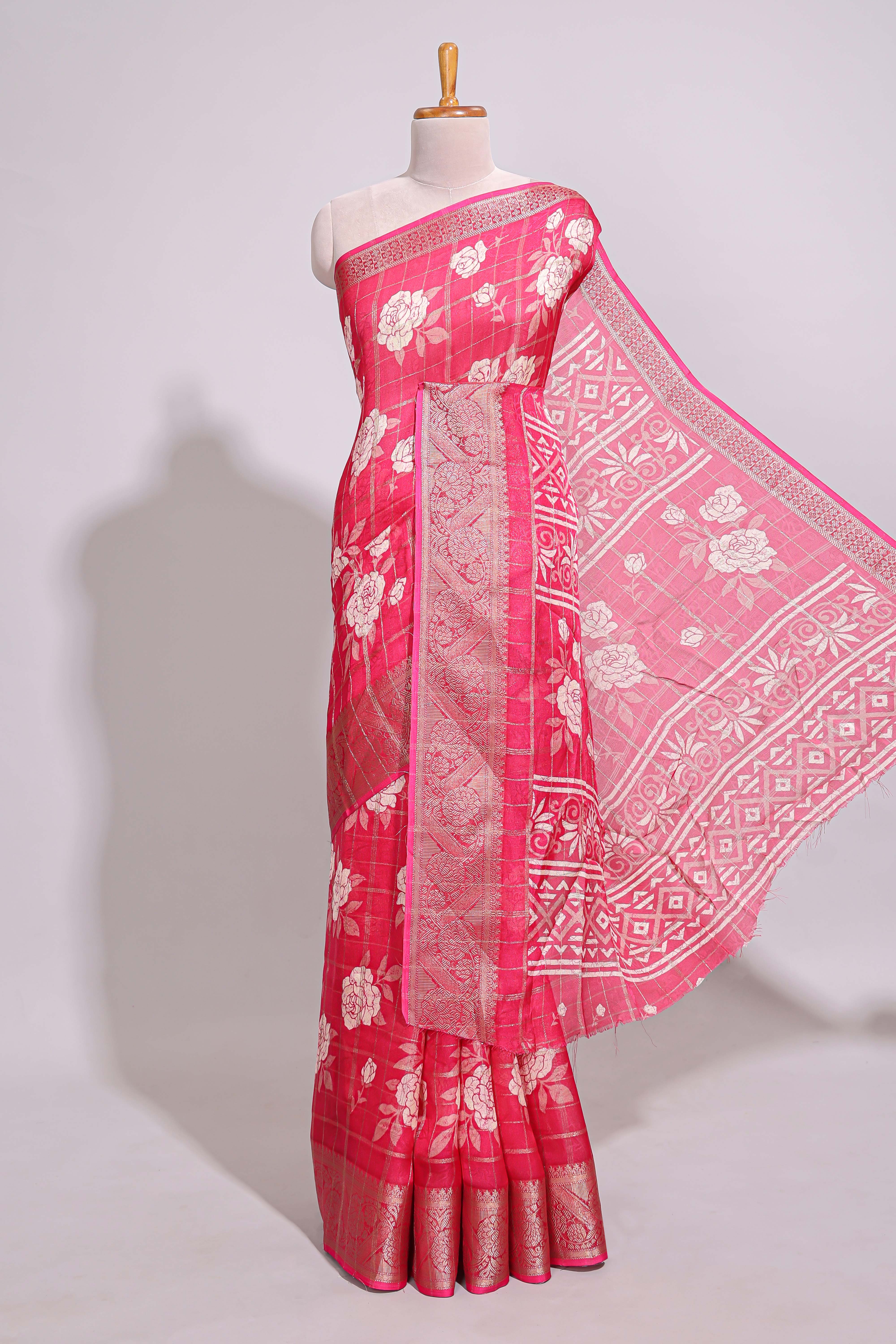 Pink checked floral design marsh mellow saree with self zari border and matching blouse