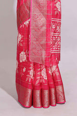 Pink checked floral design marsh mellow saree with self zari border and matching blouse