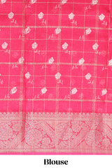 Pink checked floral design marsh mellow saree with self zari border and matching blouse