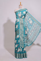 Teal green checked floral design marsh mellow saree with self zari border and matching blouse