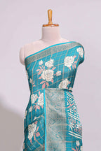 Teal green checked floral design marsh mellow saree with self zari border and matching blouse