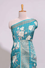 Teal green checked floral design marsh mellow saree with self zari border and matching blouse