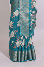 Teal green checked floral design marsh mellow saree with self zari border and matching blouse