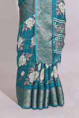 Teal green checked floral design marsh mellow saree with self zari border and matching blouse