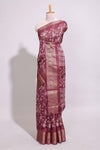 Maroon checked floral design marsh mellow saree with self zari border and matching zari blouse