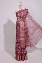 Maroon checked floral design marsh mellow saree with self zari border and matching zari blouse