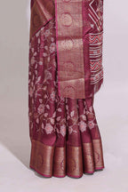 Maroon checked floral design marsh mellow saree with self zari border and matching zari blouse