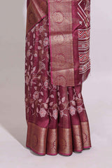 Maroon checked floral design marsh mellow saree with self zari border and matching zari blouse