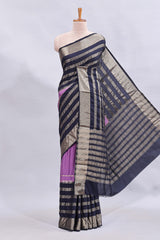 Lavender zari design mushru silk saree with contrast striped zari border and blouse