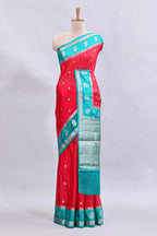 Red zari motifs design mushru silk saree with contrast border and zari blouse