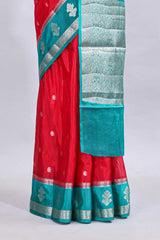 Red zari motifs design mushru silk saree with contrast border and zari blouse