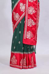 Green floral design motifs mushru silk saree with contrast border and blouse