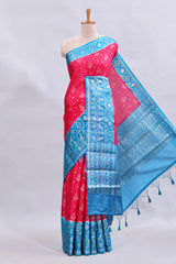 Pink floral design mushru silk saree with contrast border and zari blouse