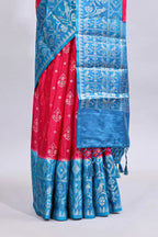 Pink floral design mushru silk saree with contrast border and zari blouse