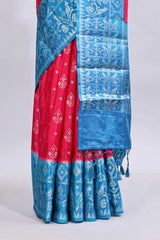 Pink floral design mushru silk saree with contrast border and zari blouse