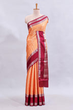 Orange jaal floral design mushru silk saree with contrast border and contrast blouse