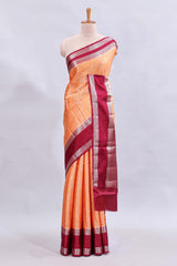 Orange jaal floral design mushru silk saree with contrast border and contrast blouse