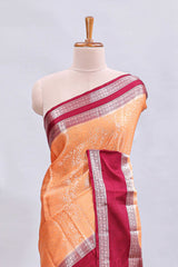 Orange jaal floral design mushru silk saree with contrast border and contrast blouse