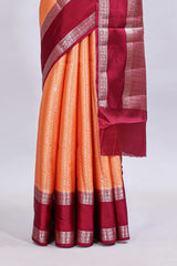 Orange jaal floral design mushru silk saree with contrast border and contrast blouse
