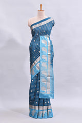 Blue checked floral motifs design mushru silk saree with contrast border and blouse