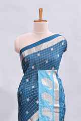 Blue checked floral motifs design mushru silk saree with contrast border and blouse