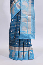 Blue checked floral motifs design mushru silk saree with contrast border and blouse