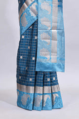 Blue checked floral motifs design mushru silk saree with contrast border and blouse