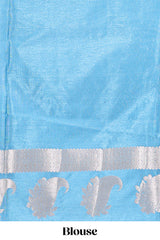 Blue checked floral motifs design mushru silk saree with contrast border and blouse