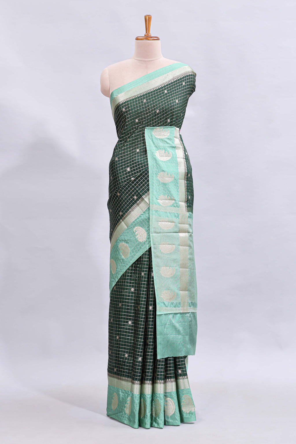 Green checked floral motifs design mushru silk saree with contrast border and blouse