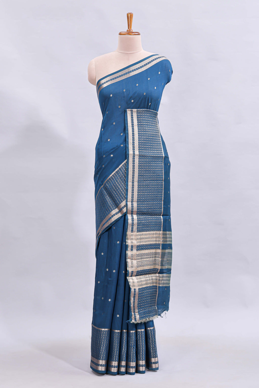 Steel blue zari motifs design mushru silk saree with salf zari border and contrast blouse