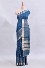 Steel blue zari motifs design mushru silk saree with salf zari border and contrast blouse