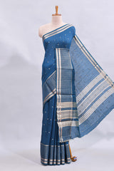 Steel blue zari motifs design mushru silk saree with salf zari border and contrast blouse