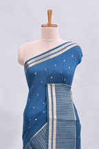Steel blue zari motifs design mushru silk saree with salf zari border and contrast blouse