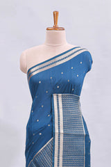Steel blue zari motifs design mushru silk saree with salf zari border and contrast blouse